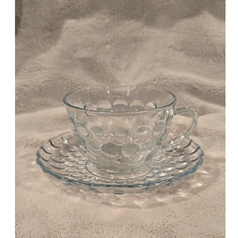 Vintage Anchor Hocking Blue Sapphire Bubble Tea Cup and Saucer Set